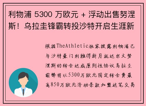 利物浦 5300 万欧元 + 浮动出售努涅斯！乌拉圭锋霸转投沙特开启生涯新篇章